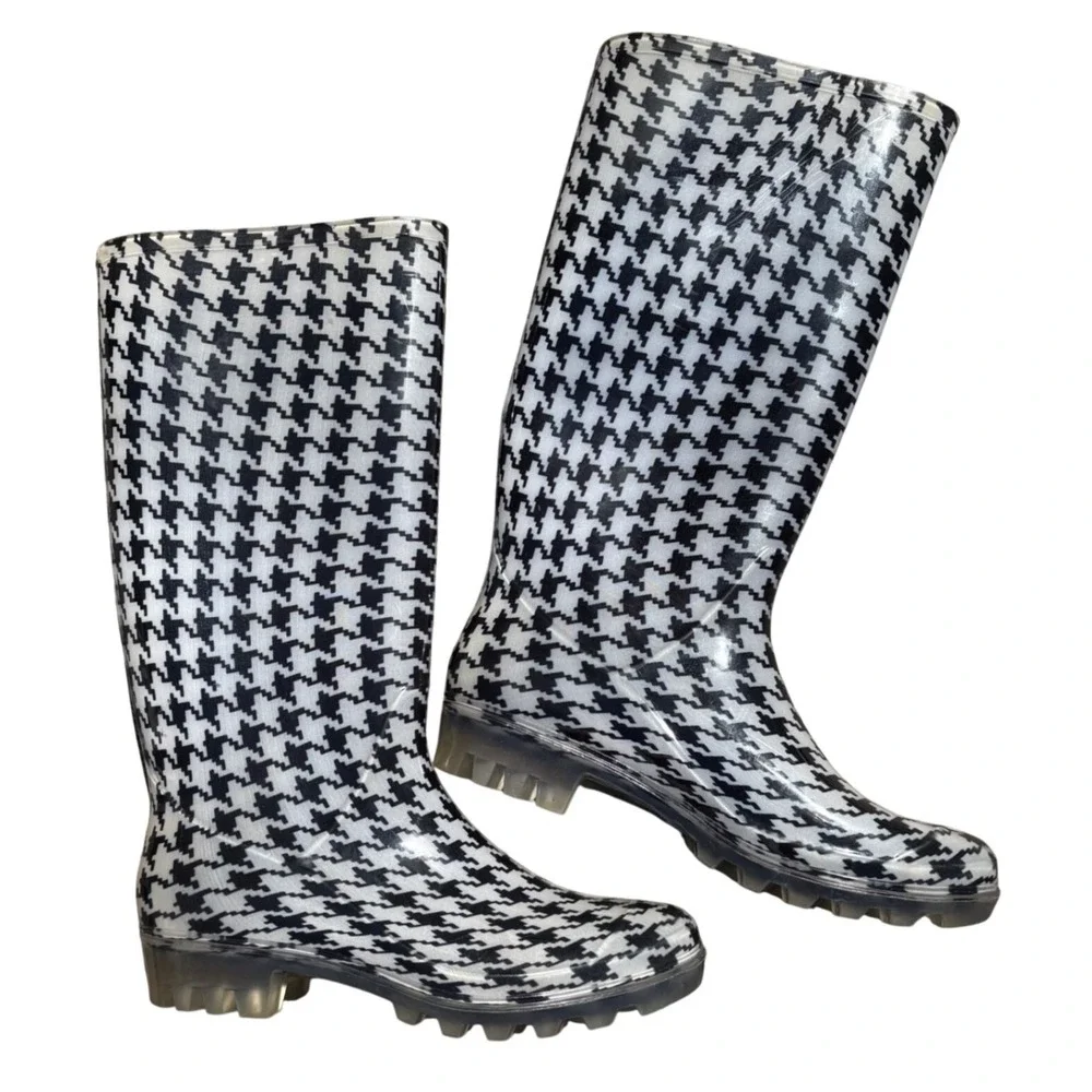Easy USA Houndstooth Rain Boots Black White Tall Rubber Waterproof Size 5‎